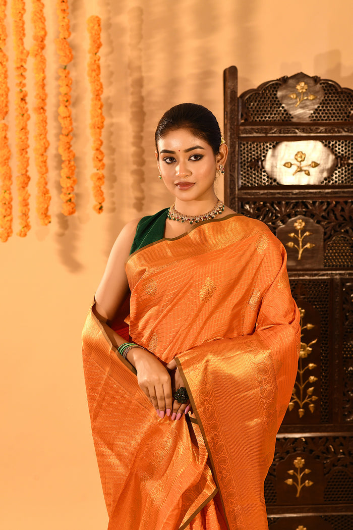 Radiant Orange With Gold Zari Woven Border Kanjivaram Silk Saree