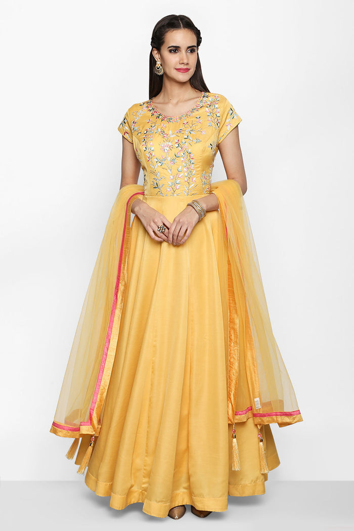 Radiant Yellow Embroidery Floral Bodice Silk Blend Anarkali Set