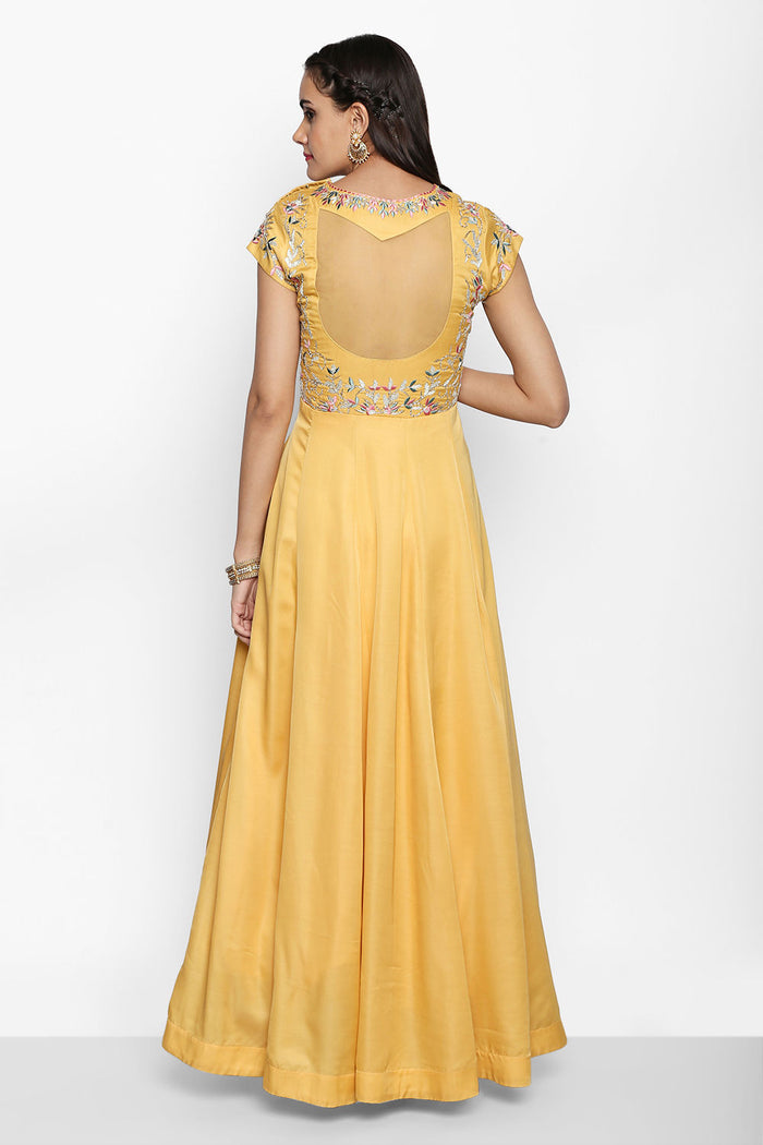 Radiant Yellow Embroidery Floral Bodice Silk Blend Anarkali Set