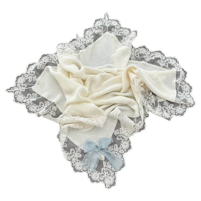Rafa Luxe Cream with Dusty Green/Blue Tulle Bow Knitted Blanket