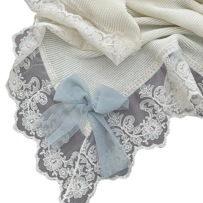 Rafa Luxe Cream with Dusty Green/Blue Tulle Bow Knitted Blanket