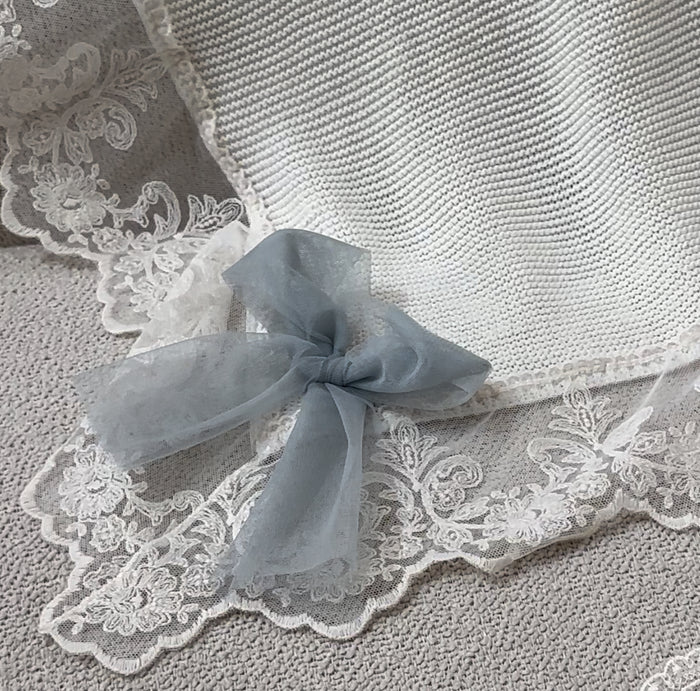Rafa Luxe Cream with Dusty Green/Blue Tulle Bow Knitted Blanket