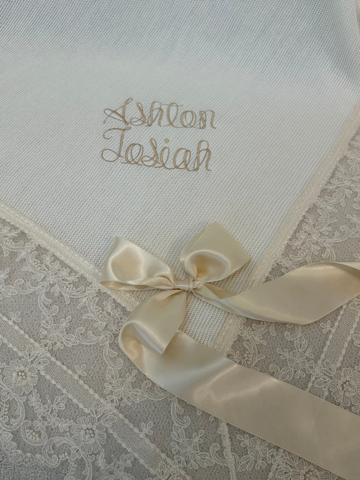 Rafa Luxe Cream with Dusty Green/Blue Tulle Bow Knitted Blanket