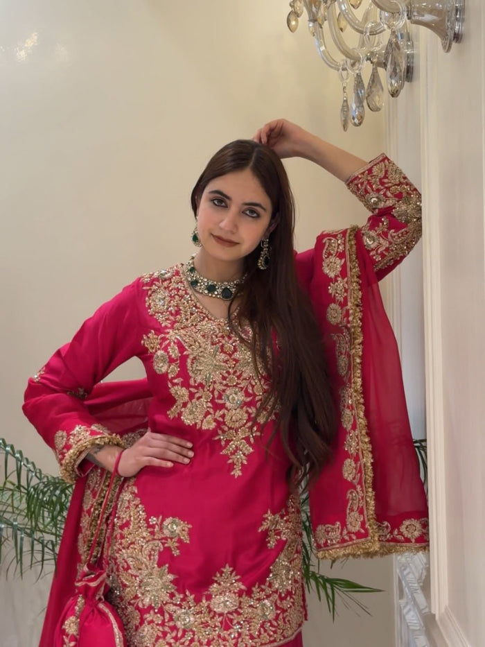 Rani Pink Chinon Silk Sharara Set