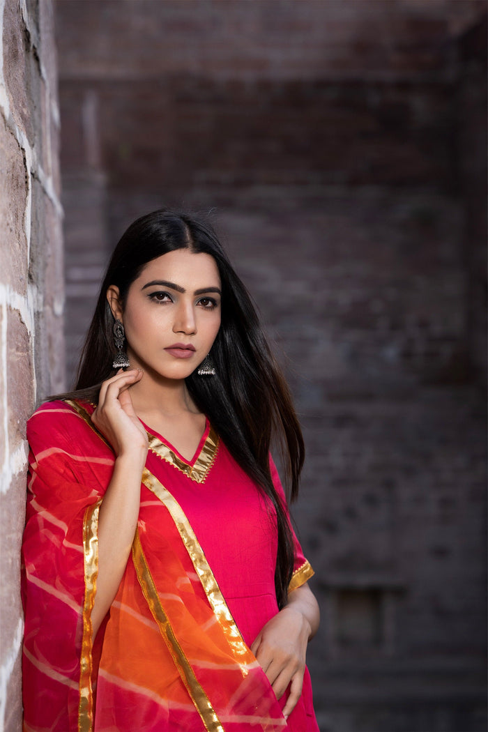<img> Rani Pink Cotton Silk Anarkali Set