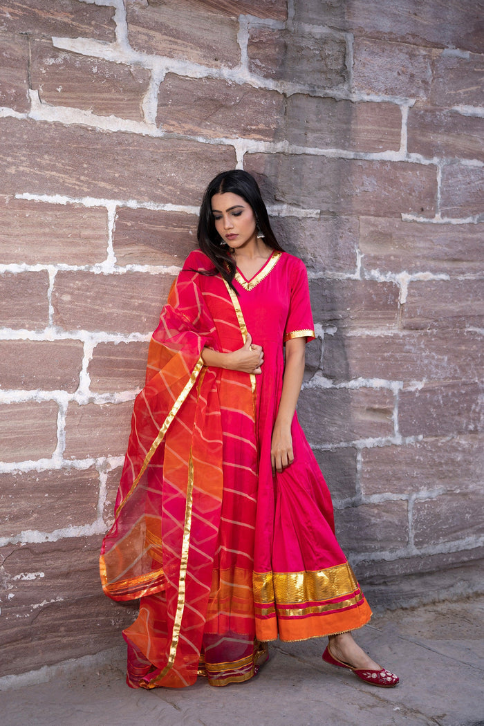 <img> Rani Pink Cotton Silk Anarkali Set