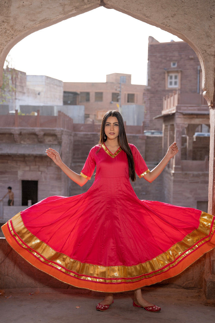 <img> Rani Pink Cotton Silk Anarkali Set