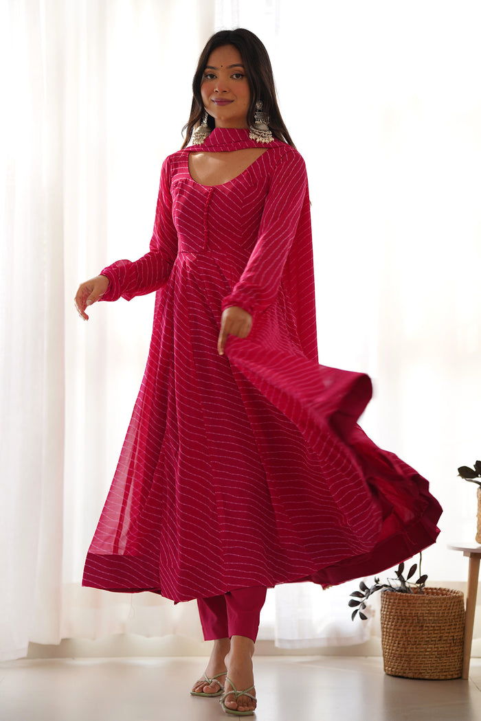 Rani Pink Georgette Leheriya Printed Anarkali Set