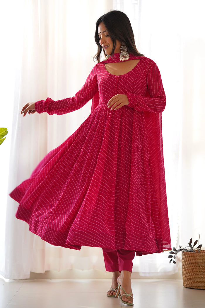 Rani Pink Georgette Leheriya Printed Anarkali Set