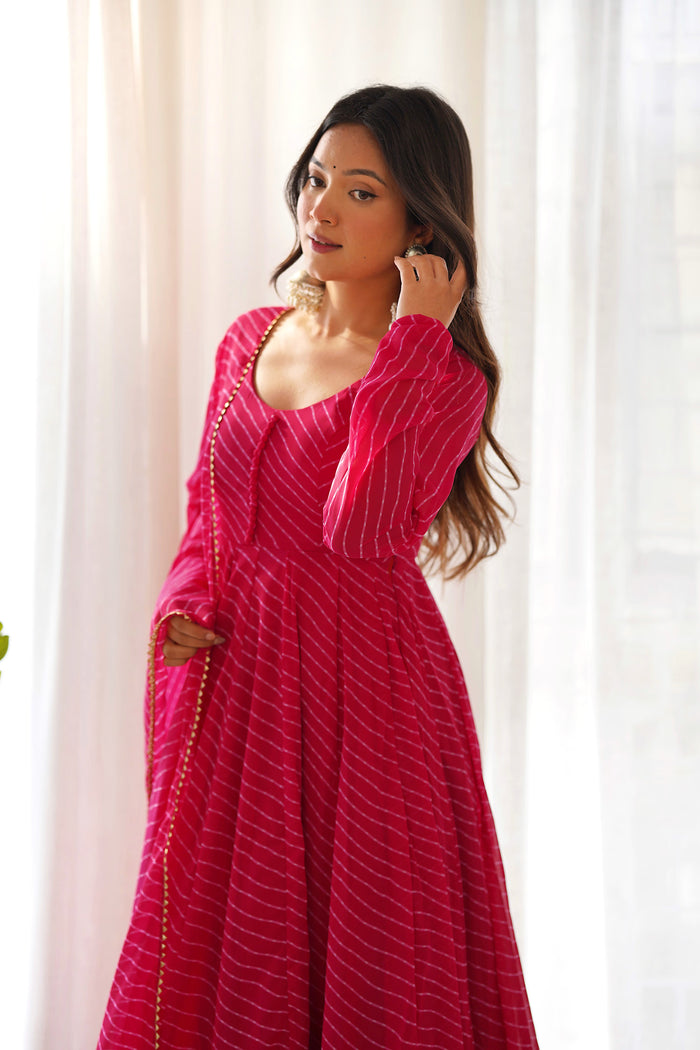 Rani Pink Georgette Leheriya Printed Anarkali Set