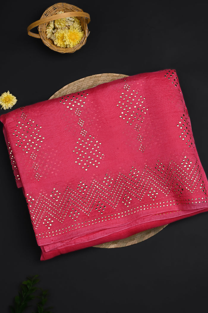 Raspberry Pink Foil Printed Organza Saree