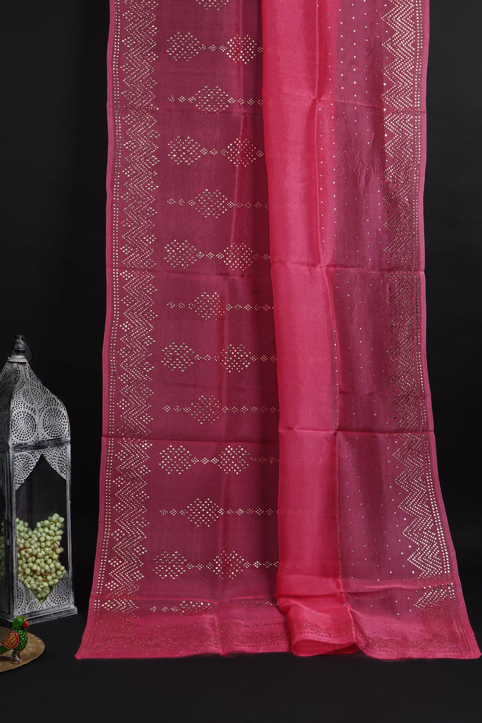 Raspberry Pink Foil Printed Organza Saree