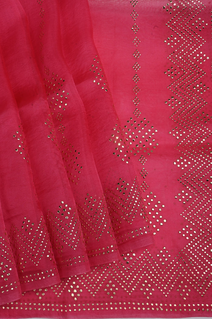 Raspberry Pink Foil Printed Organza Saree