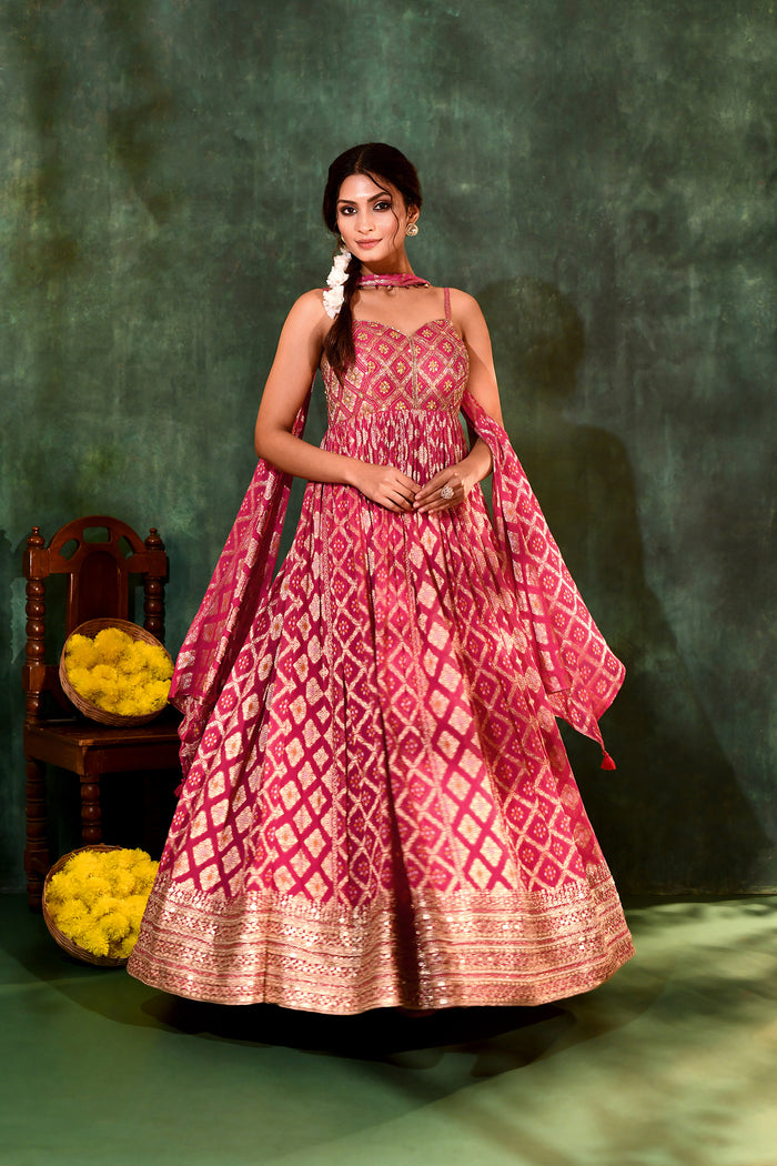 Raspberry Pink Georgette Bandhani Anarkali Set