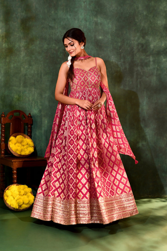 Raspberry Pink Georgette Bandhani Anarkali Set