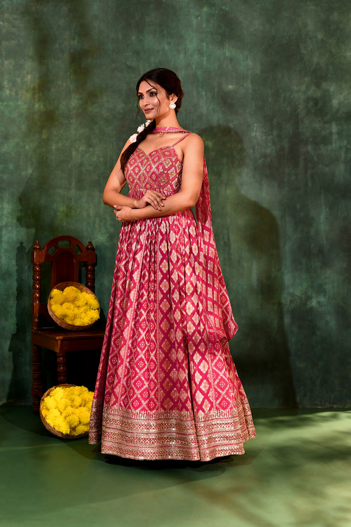 Raspberry Pink Georgette Bandhani Anarkali Set