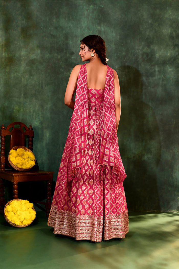 Raspberry Pink Georgette Bandhani Anarkali Set