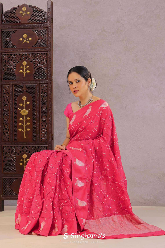 <img> Raspberry Pink Silk Bandhani Saree