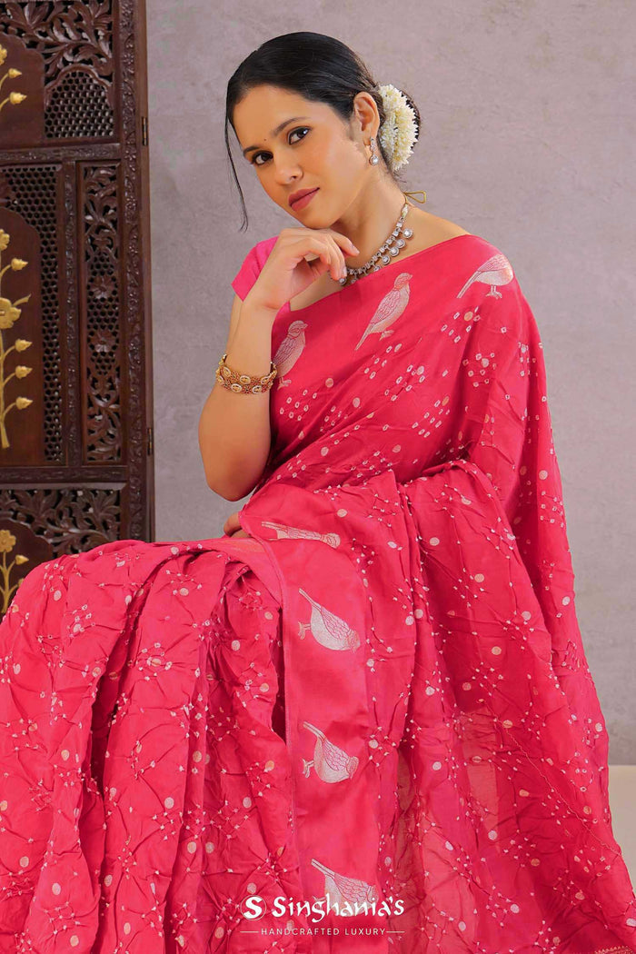 <img> Raspberry Pink Silk Bandhani Saree