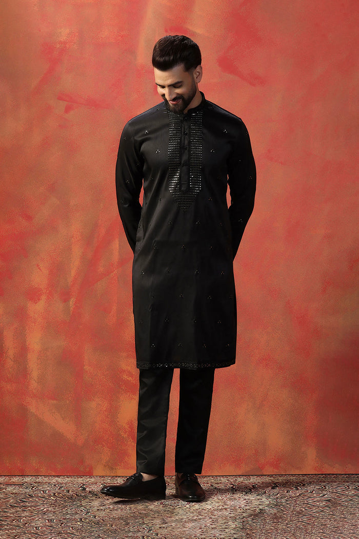 Raven Black Silk Blend Embroidered Kurta