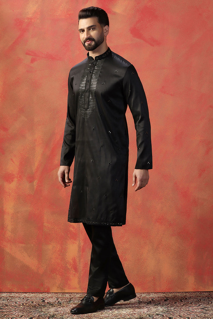 Raven Black Silk Blend Embroidered Kurta