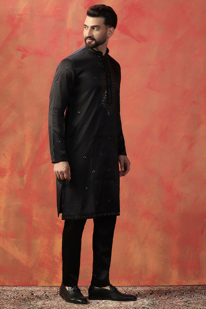 Raven Black Silk Blend Embroidered Kurta