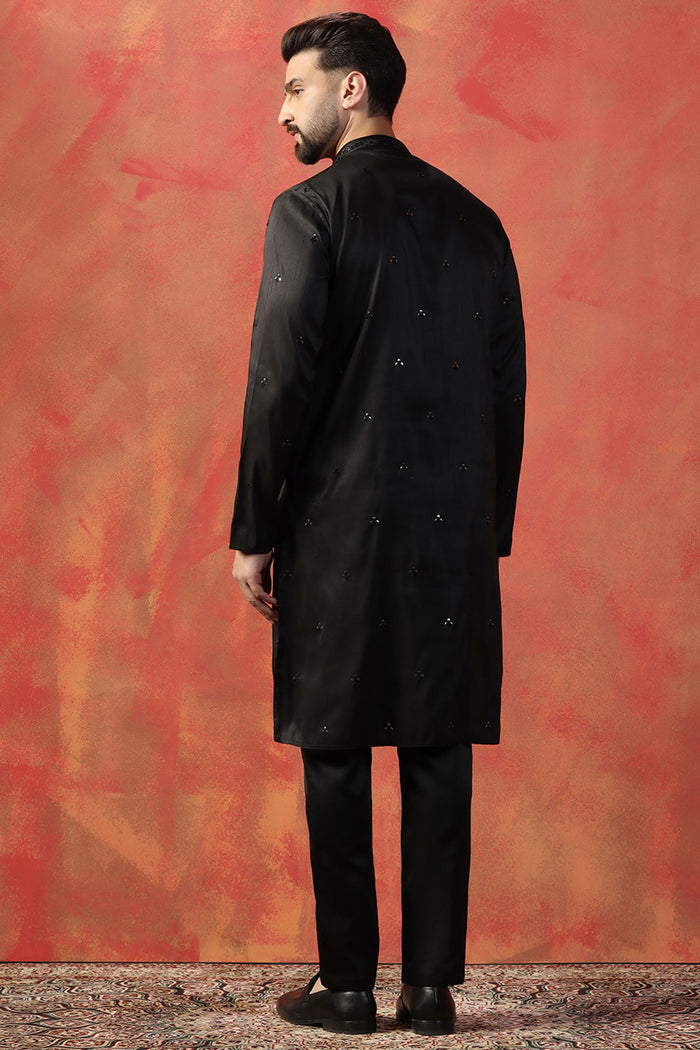 Raven Black Silk Blend Embroidered Kurta