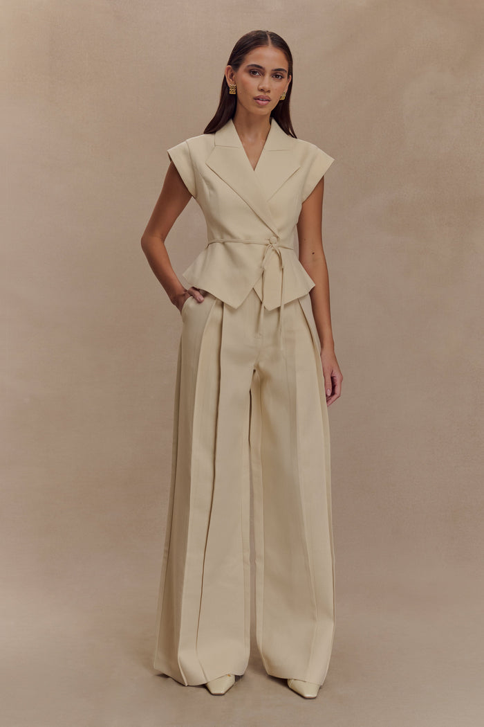 Raya Mid Rise Wide Leg Linen Pant - Natural Beige