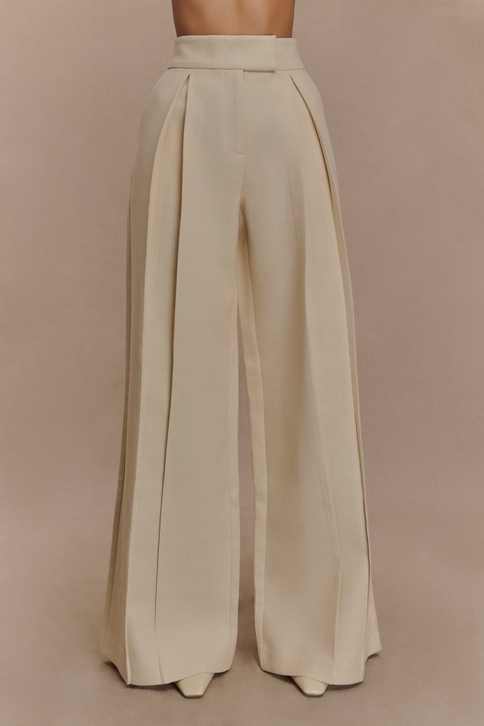 Raya Mid Rise Wide Leg Linen Pant - Natural Beige