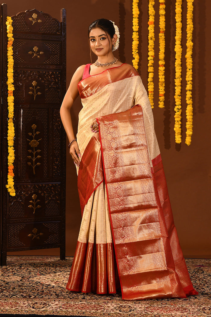 Red And Beige Checked Kanjivaram Silk Saree