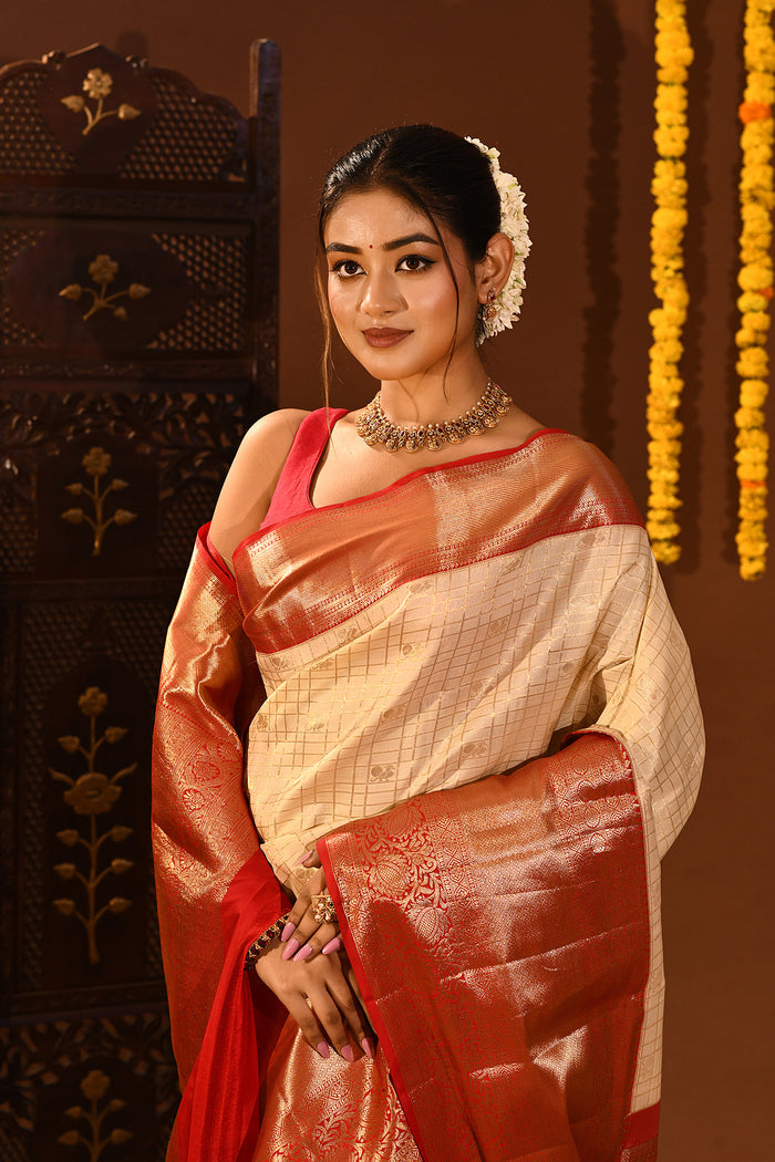 Red And Beige Checked Kanjivaram Silk Saree