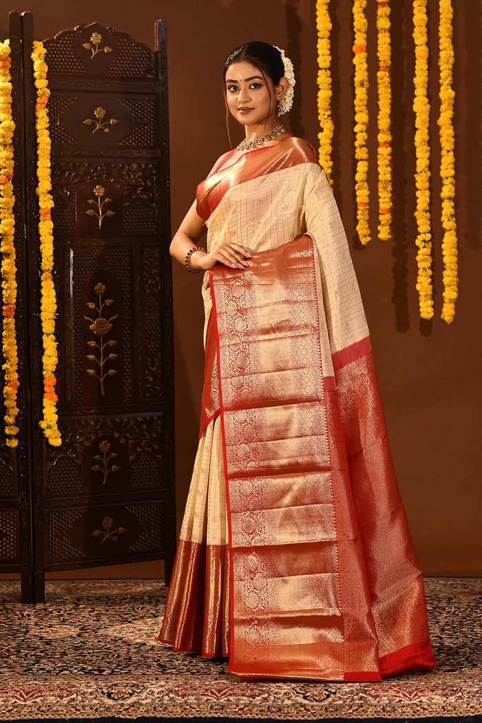 Red And Beige Checked Kanjivaram Silk Saree