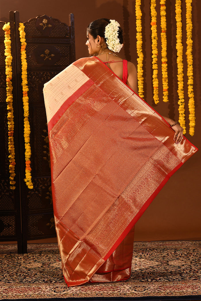 Red And Beige Checked Kanjivaram Silk Saree