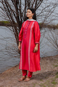 <img> Red And Blue Cotton Kurta Set With Hand Embroidery