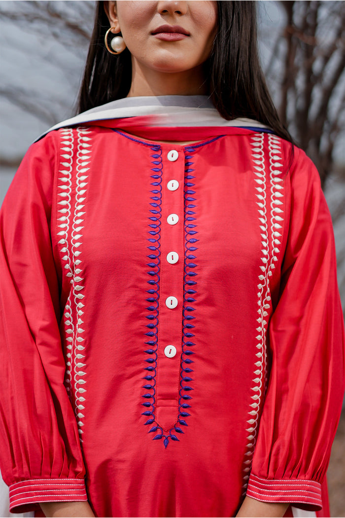 <img> Red And Blue Cotton Kurta Set With Hand Embroidery
