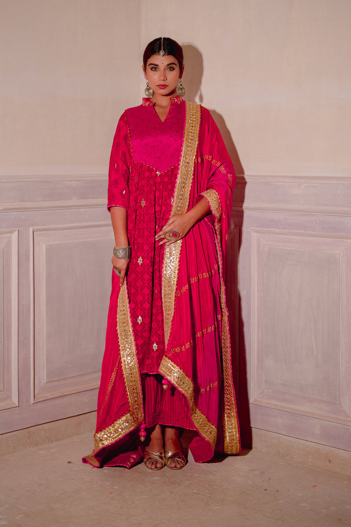 <img> Red And Pink Chinon Suit And Palazzo Set