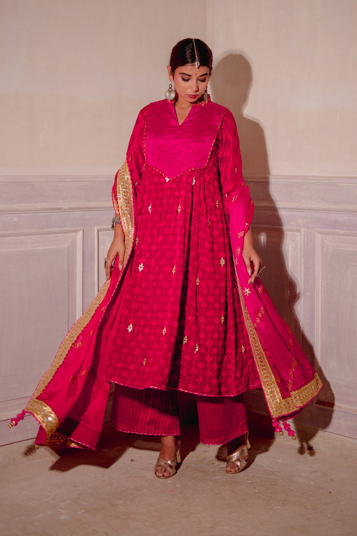 <img> Red And Pink Chinon Suit And Palazzo Set