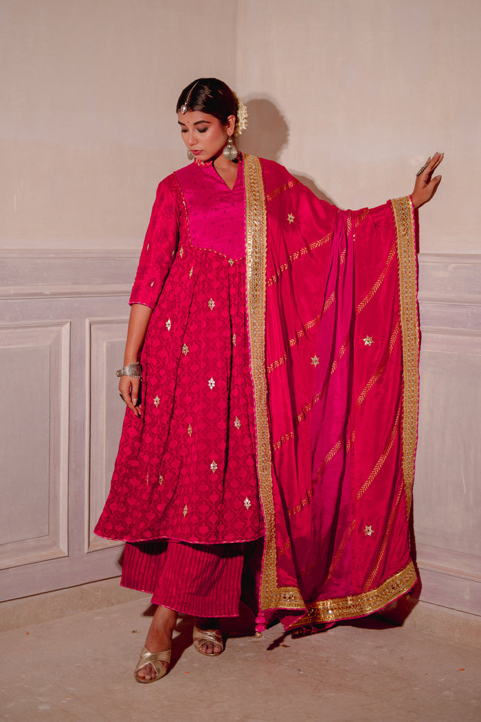 <img> Red And Pink Chinon Suit And Palazzo Set