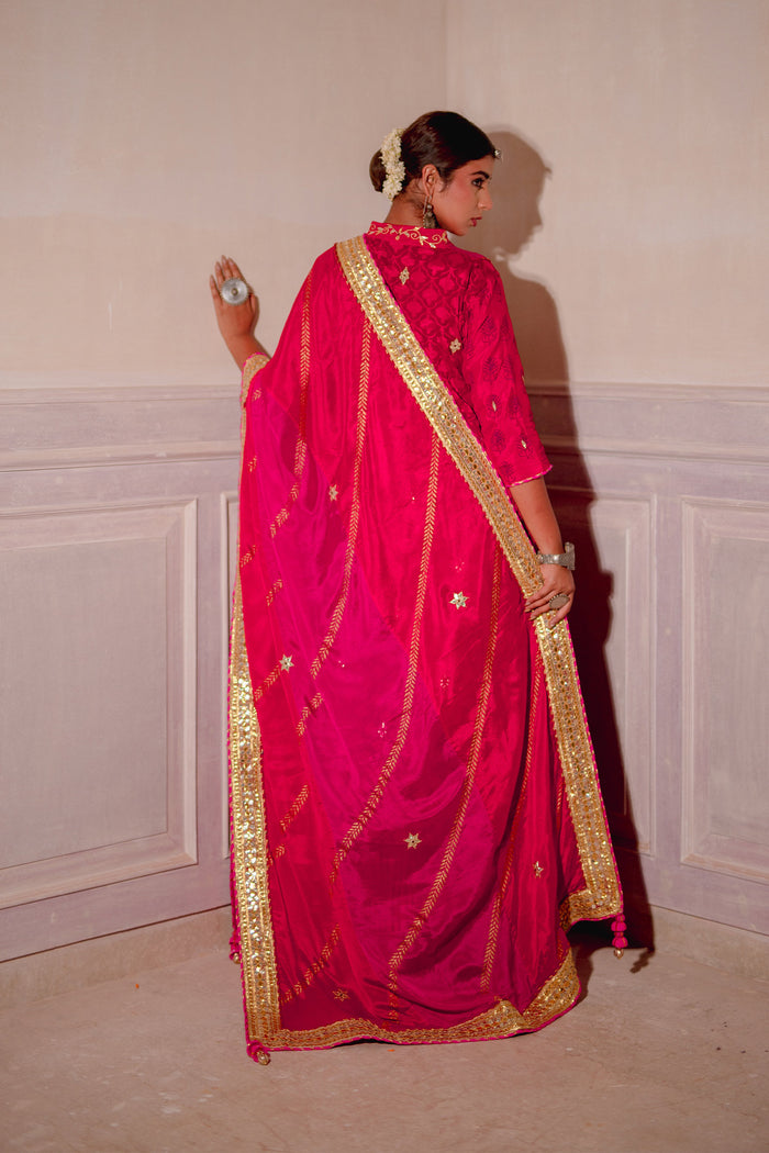 <img> Red And Pink Chinon Suit And Palazzo Set