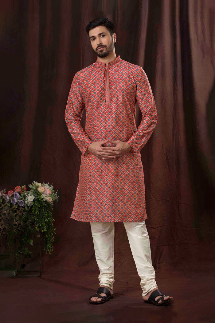 Red Art Silk Digital Printed Kurta Set