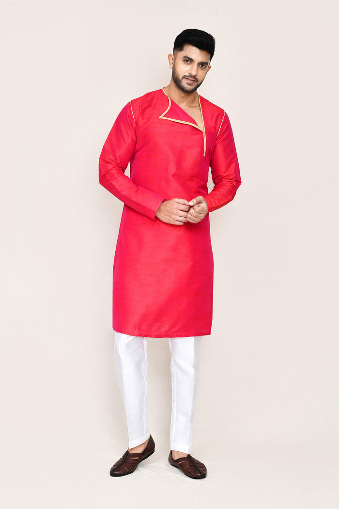 Red Art Silk Plain Kurta Set