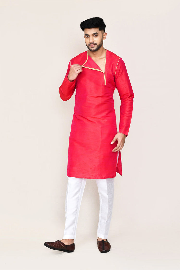 Red Art Silk Plain Kurta Set
