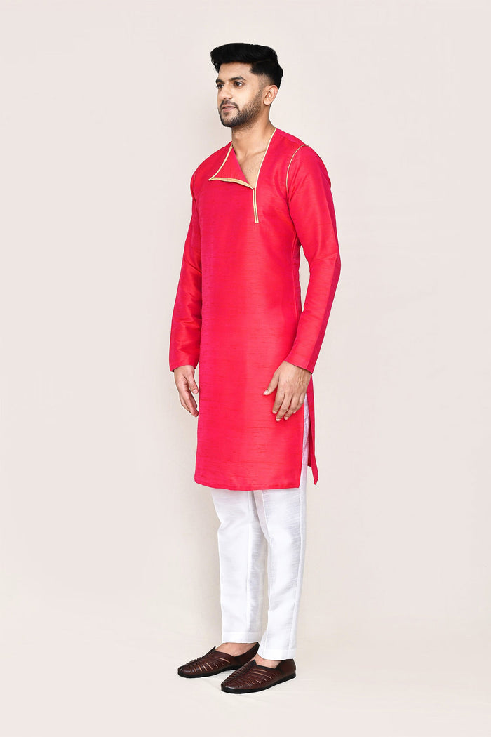 Red Art Silk Plain Kurta Set
