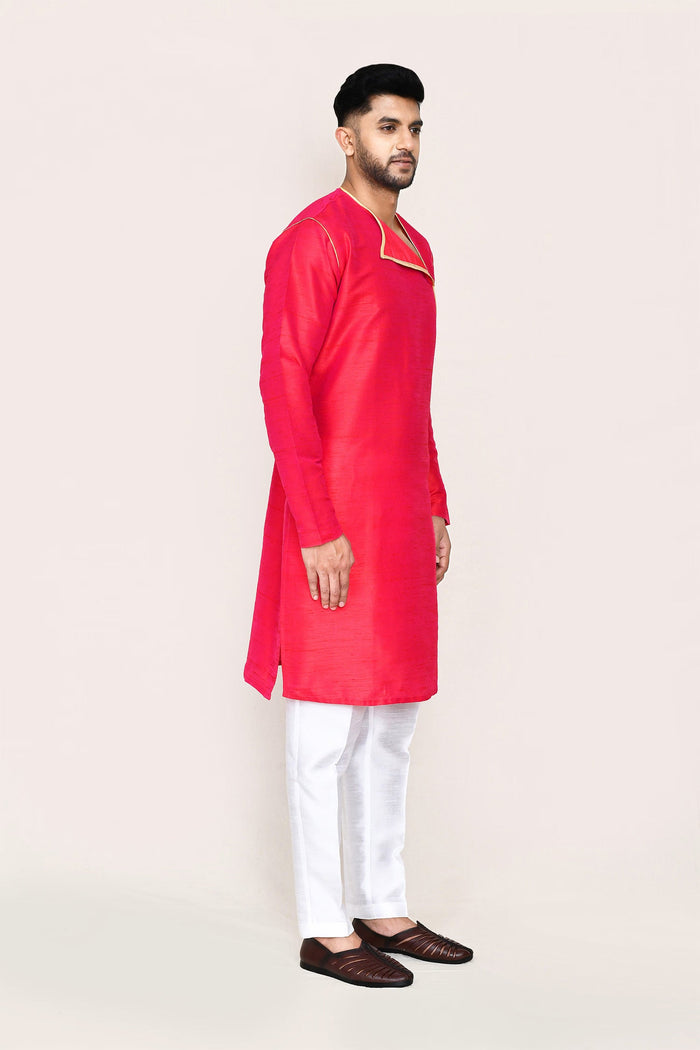 Red Art Silk Plain Kurta Set