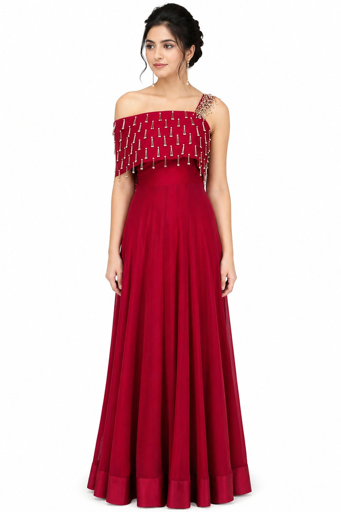 Red Beaded Fringe One Shoulder Gown
