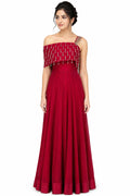 Red Beaded Fringe One Shoulder Gown