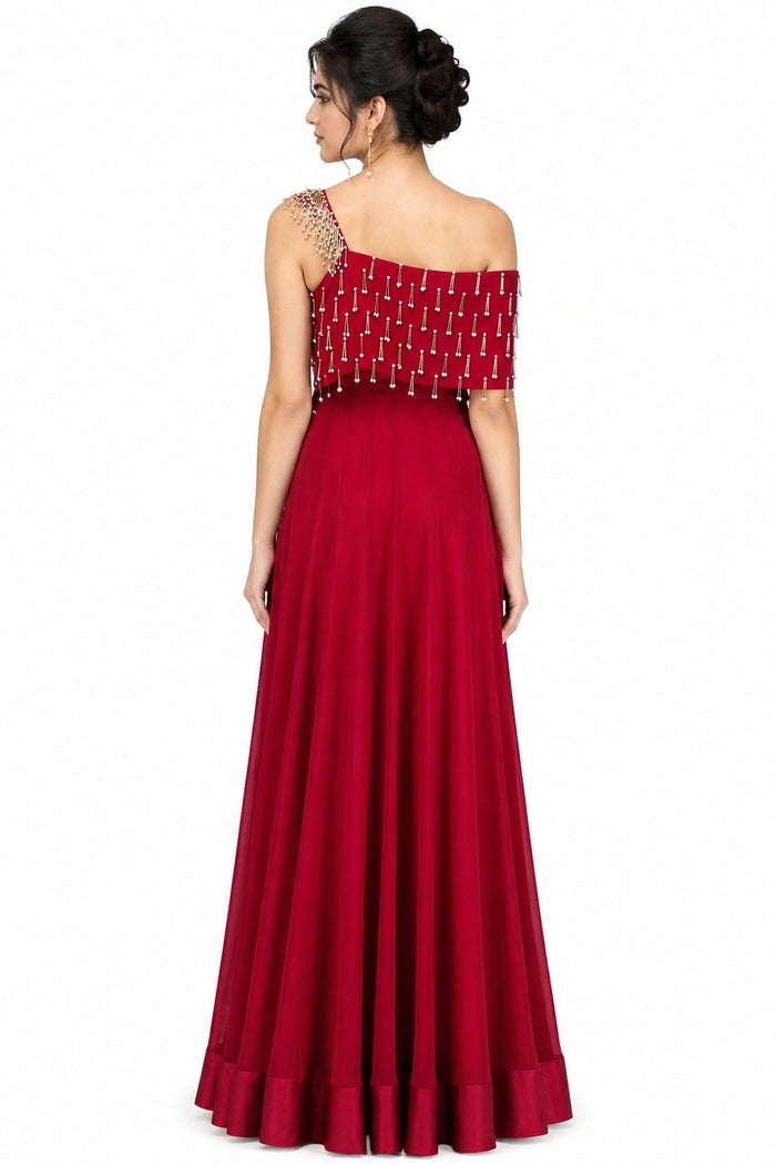 Red Beaded Fringe One Shoulder Gown
