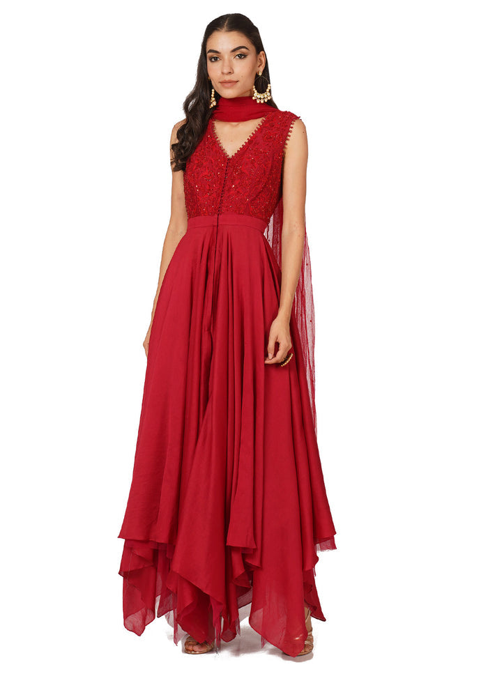 Red Beaded Handkerchief Hem Gown
