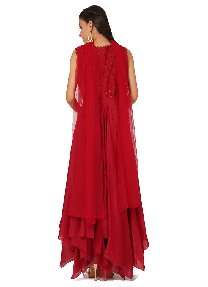 Red Beaded Handkerchief Hem Gown