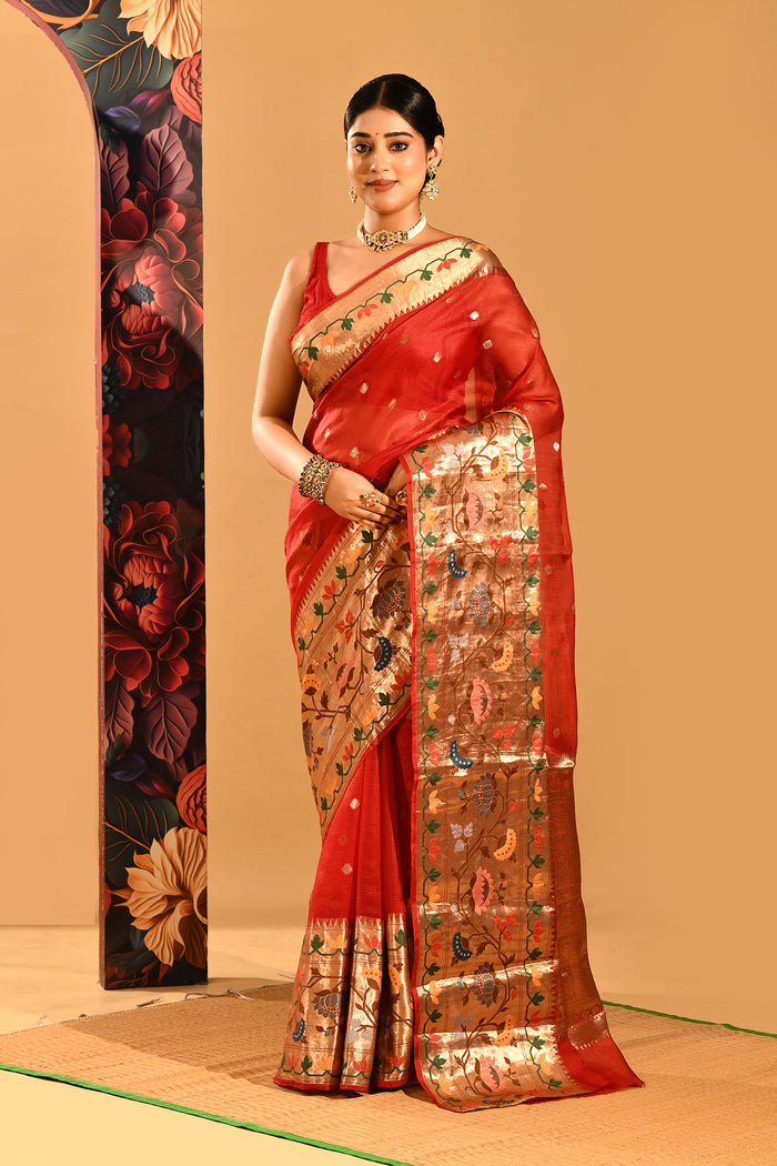 Red Checks Banarasi Silk Saree